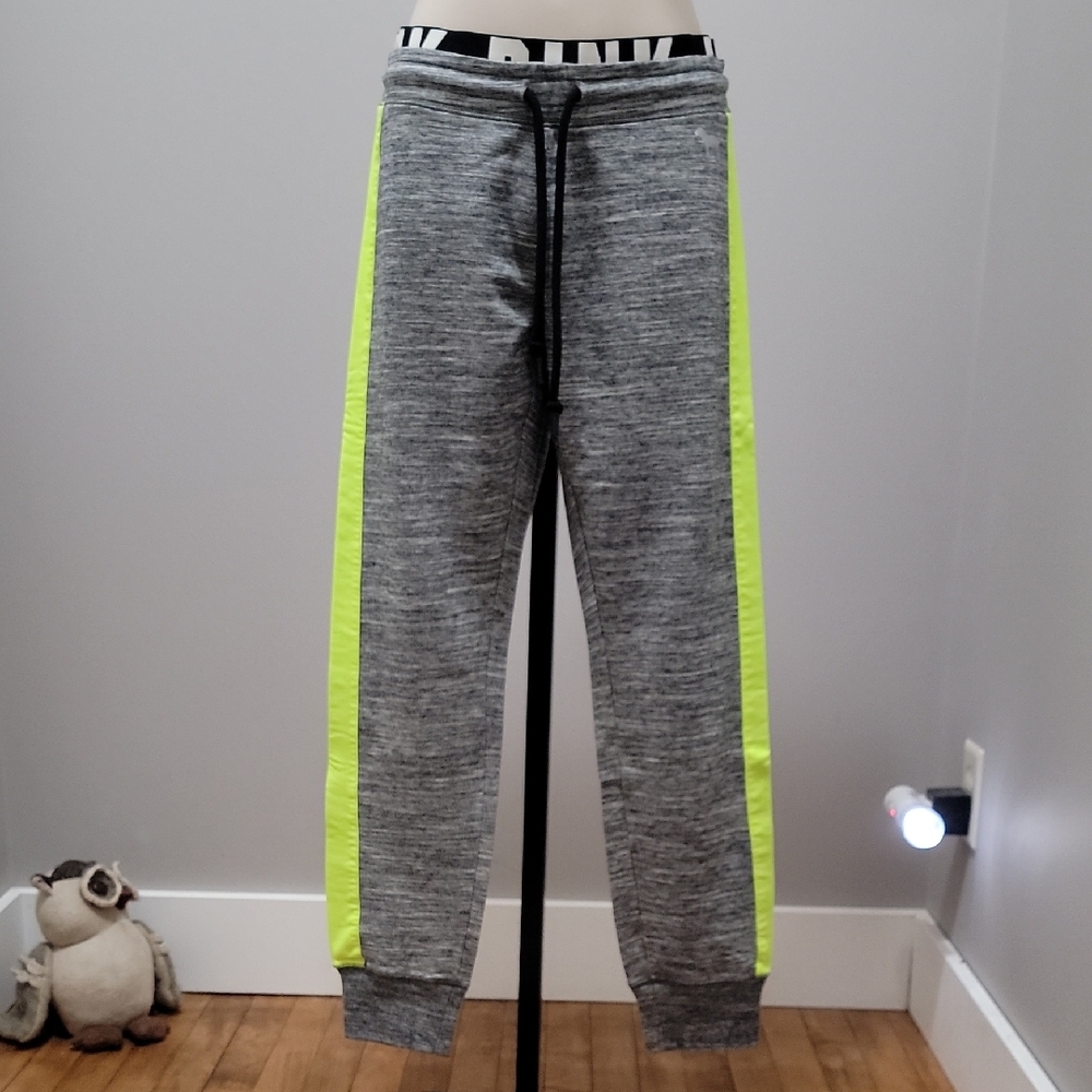 PINK Victoria's Secret Gray Joggers with Neon Yellow/green Stripes Sz. M